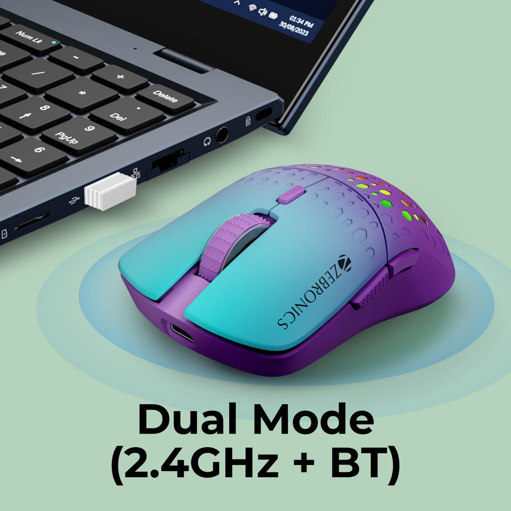 ZEBRONICS MARINE Wireless Mouse with Rechargeable Battery, BT + 2.4GHz, 6 Buttons, 4 DPI, 1000/1600/2400/3200, Comfortable & Ergonomic Design, Multicolor LED lights (Purple)