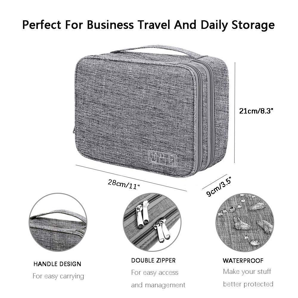 SoloTravel Portable Zippered Double Layer Electronics & Gadget Accessory Travel Storage Organizer Bag for USB Cables, Charger, HDD, Power Bank - Grey, Polyester ; Fabric