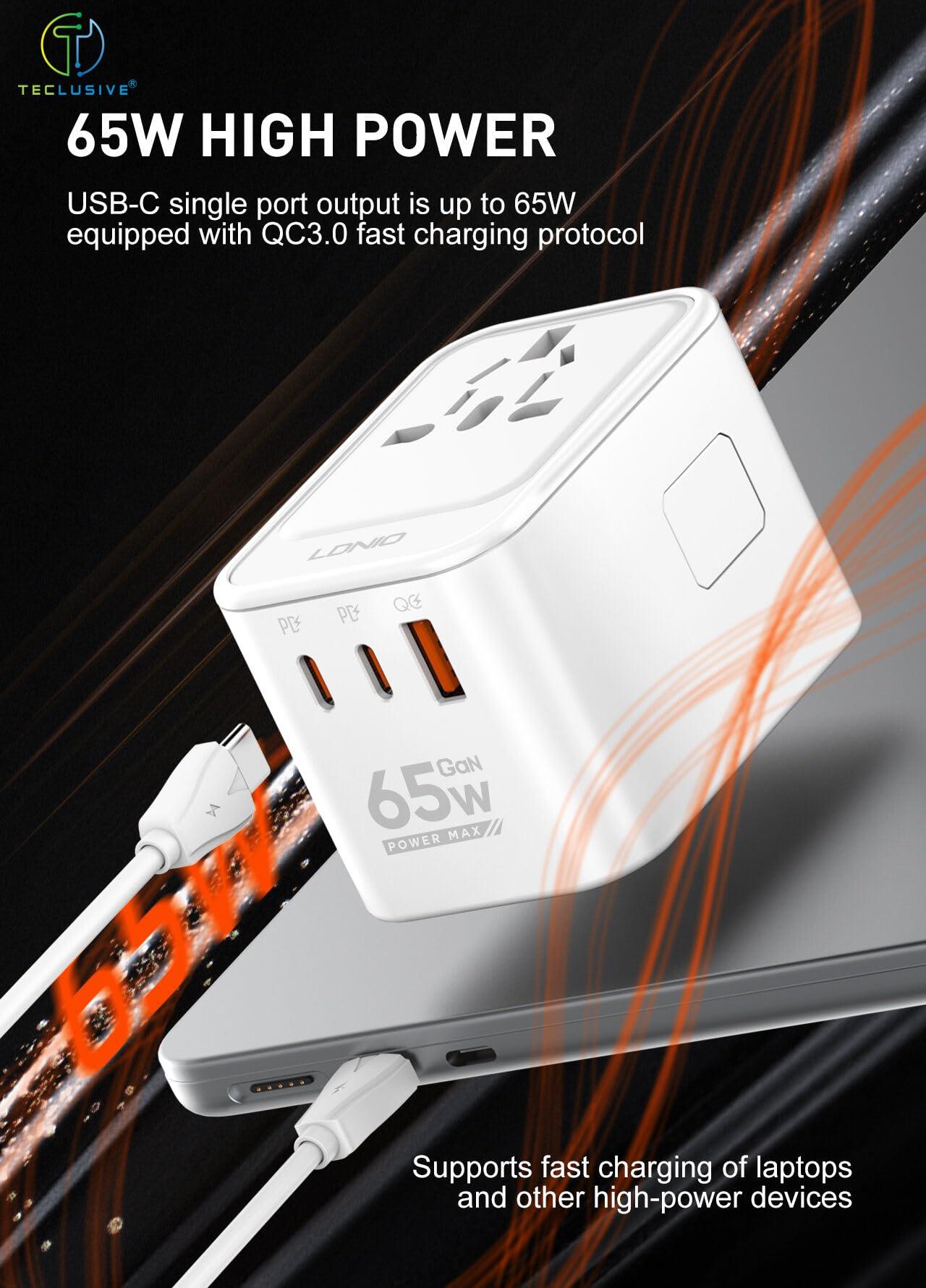 T Teclusive Universal Charger Adapter with Type C USB 65W Gan Charger | Worldwide Travel Adapter Converter Multi Socket Plug with PD QC Super Fast Charging | 2000w International Travel Charger Plug