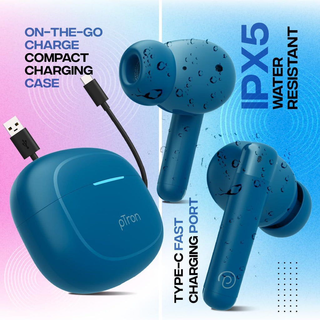 pTron Newly Launched Bassbuds Duo Pro TWS Earbuds, TruTalk AI-ENC Calls, 38H Playback Time, Deep Bass, Movie/Music Modes, In-Ear Bluetooth 5.3 Headphones with HD Mic,Fast Type-C Charging & IPX5 (Blue) - Triveni World