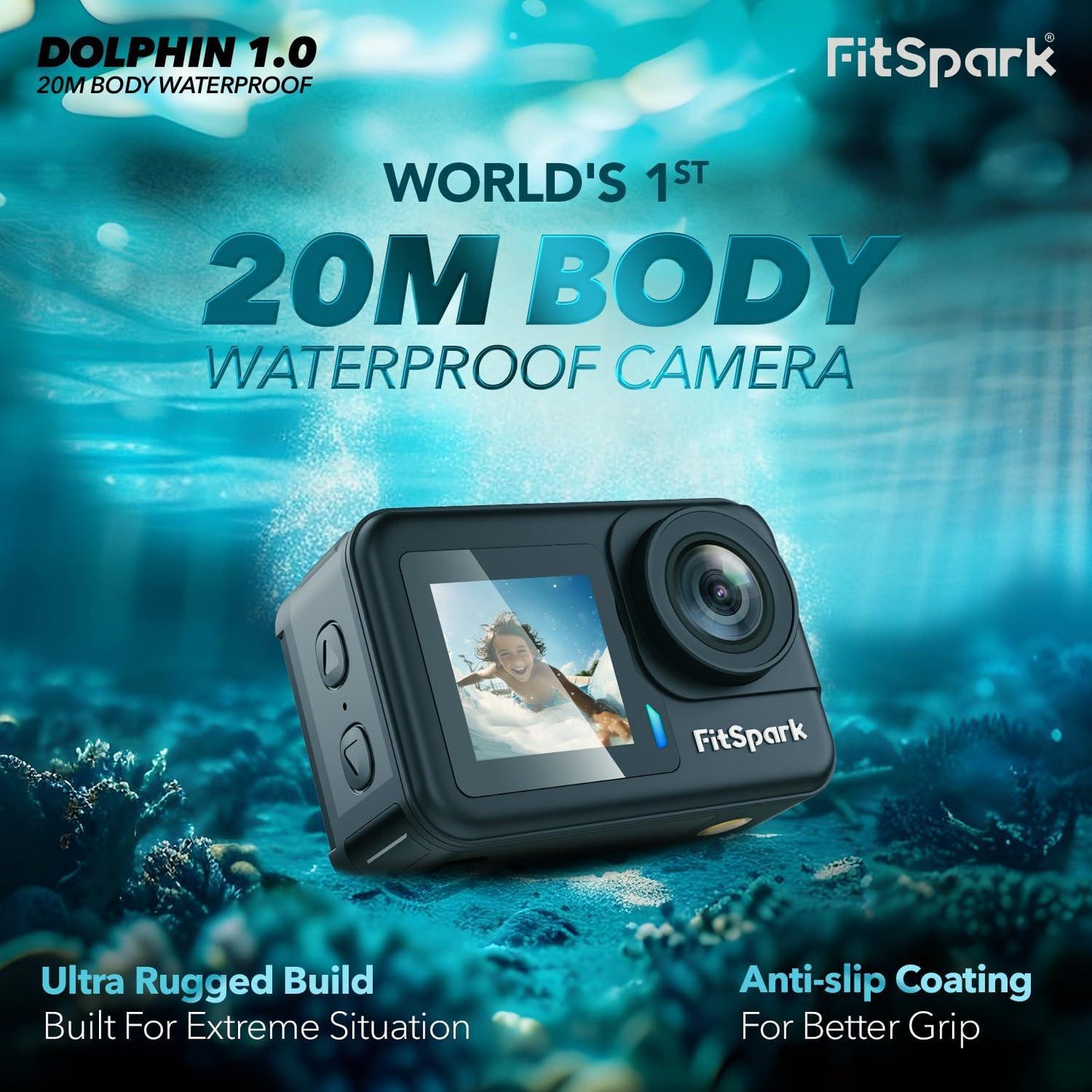 FitSpark Dolphin 1.0 20M Body Waterproof Real 4K30FPS Dual Big 2.2" Touchscreen EIS Action Camera Sony Sensor No.1 Chipset Wireless MIC Support *Free Dock+Battery Offer* WiFi Smart Remote +Full KIT