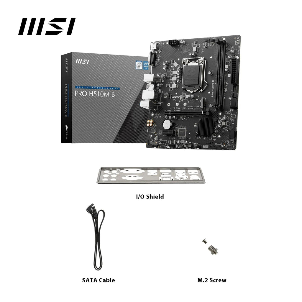 MSI PRO H510M-B Motherboard, Micro-ATX - Supports Intel Core 10th Gen Processors, LGA 1200-2 x DIMMs, 1 x PCIe 3.0 x16, USB 3.2 Gen1, 1G LAN, HDMI 1.4