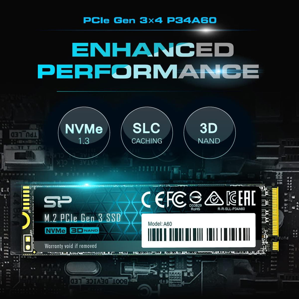 SP Silicon Power P34A60 256GB NVMe PCIe M.2 SSD, 3D NAND with SLC Cache, Up to 2200MB/s, M.2 2280 Internal Solid State Drive for Desktop Laptop PC Computer, pci_Express_x4