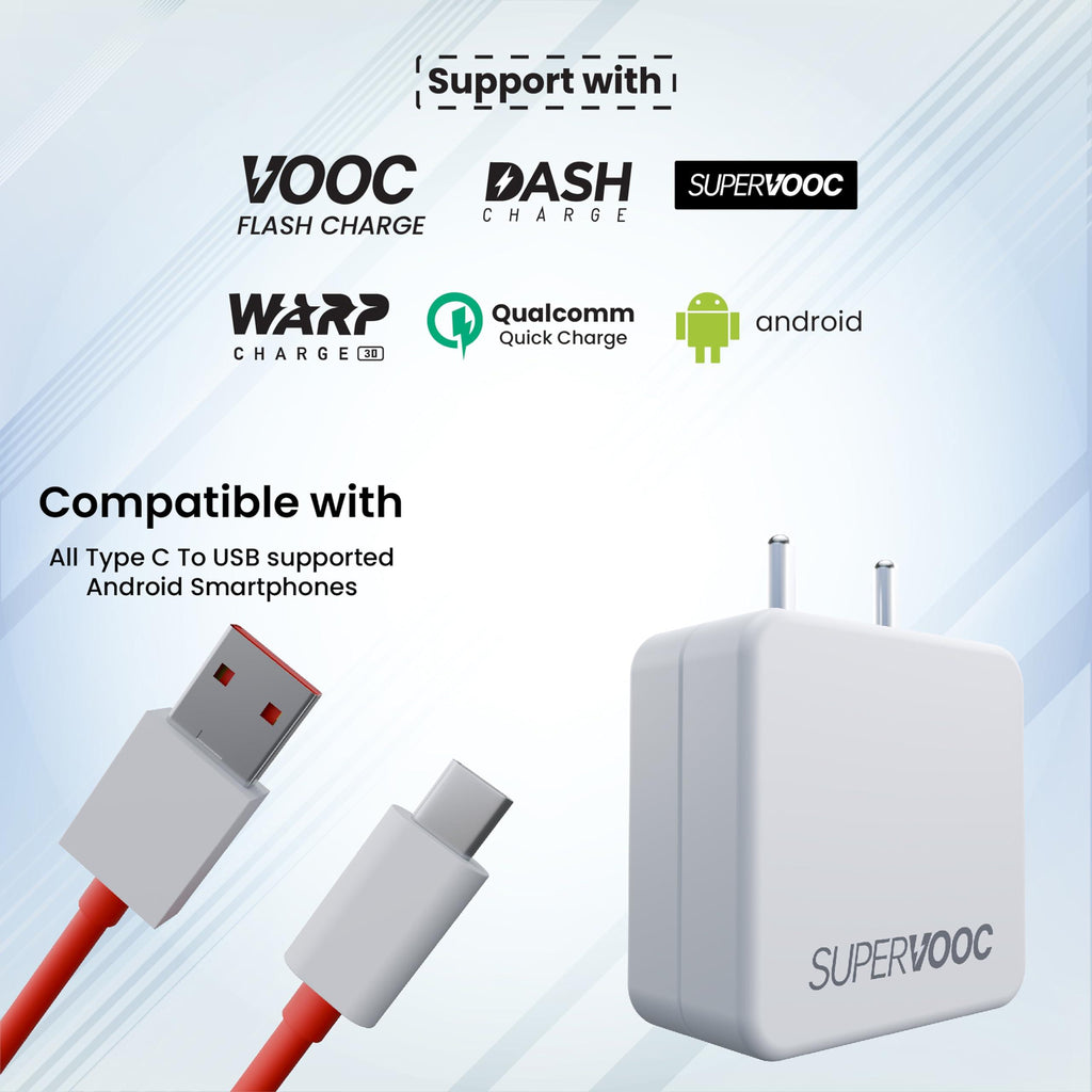 Oneplus SuperVooc 65W Fast Charing Adaptor & Cable Combo Compatible with OnePlus, Samsung, Realme, Xiaomi, Oppo, Vivo & Other Smartphones, Type C Charger Dash, Warp, Vooc, Supervooc protocols.