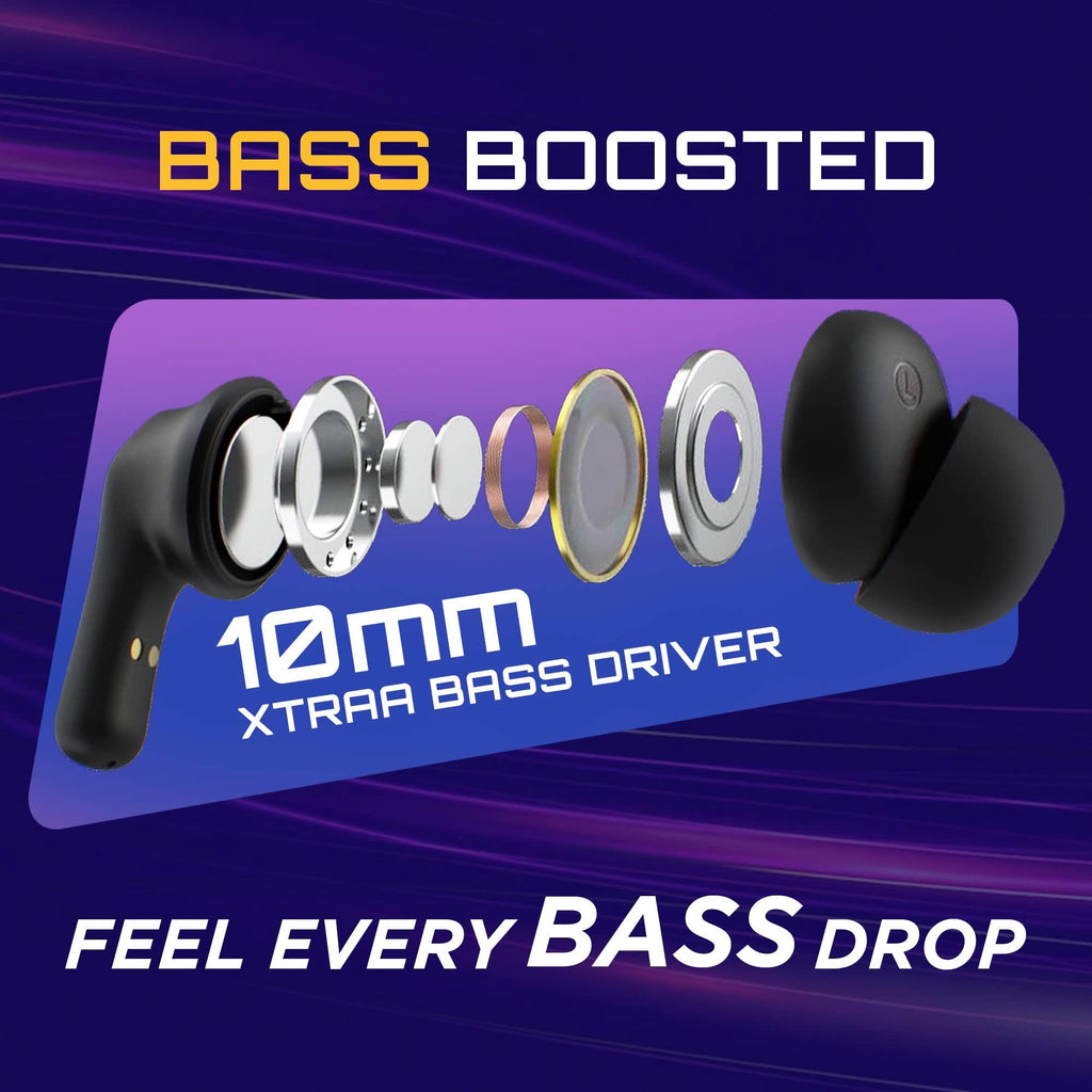 Fastrack Fpods FZ100 TWS in-Ear Earbuds with Mega 50 Hrs Playtime|Extra Deep Bass Driver|Quad Mic ENC for Clear Calls|Ultra Low 40ms Latency Gaming Mode|NitroFast Charge-200 Min in 10 Min-Black