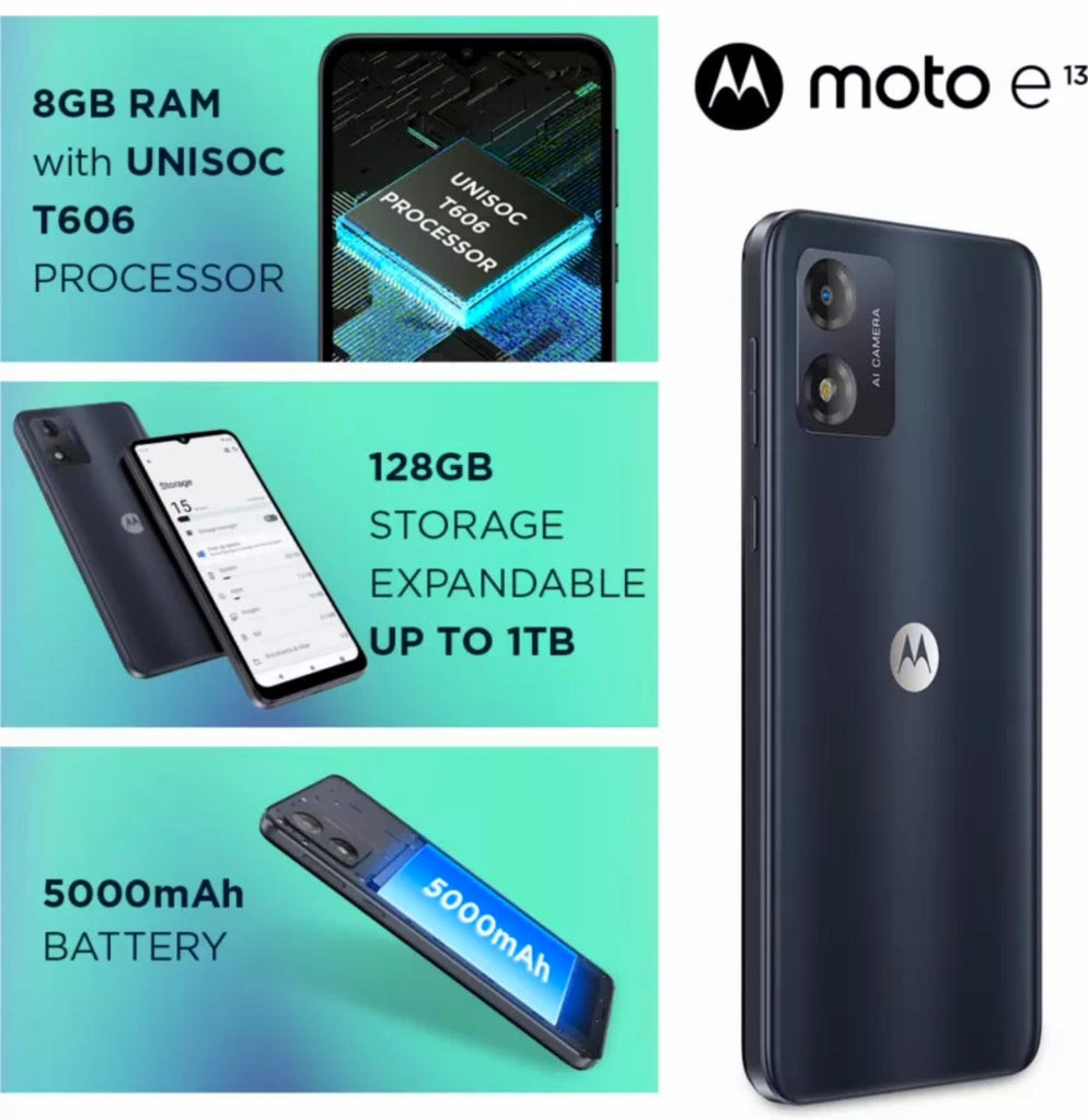 Motorola E13 4G (Cosmic Black, 8GB RAM, 128GB Storage) | Upto 1TB MicroSD Expandable | 6.5-inch IPS LCD Display with 60Hz Refresh Rate | UNISOC T606 Processor | Face Unlock | IP52 Water Repellent - Triveni World