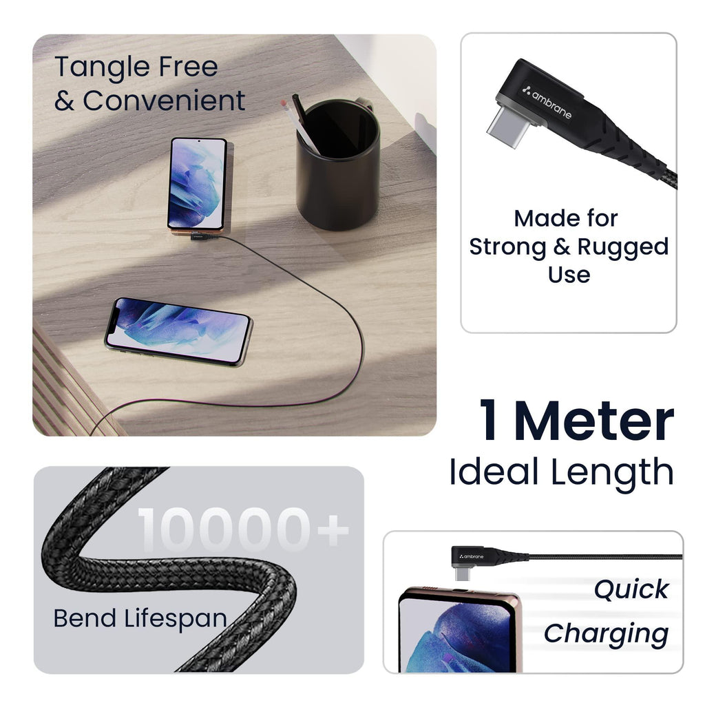 Ambrane Type C Mobile Charging Cable 3A Fast Charging, 1 Meter, L Shaped Braided Cable, 480Mbps Data Transfer for Smartphones, Tablets, Laptops & Other Type C Devices (ABLC10, Black)