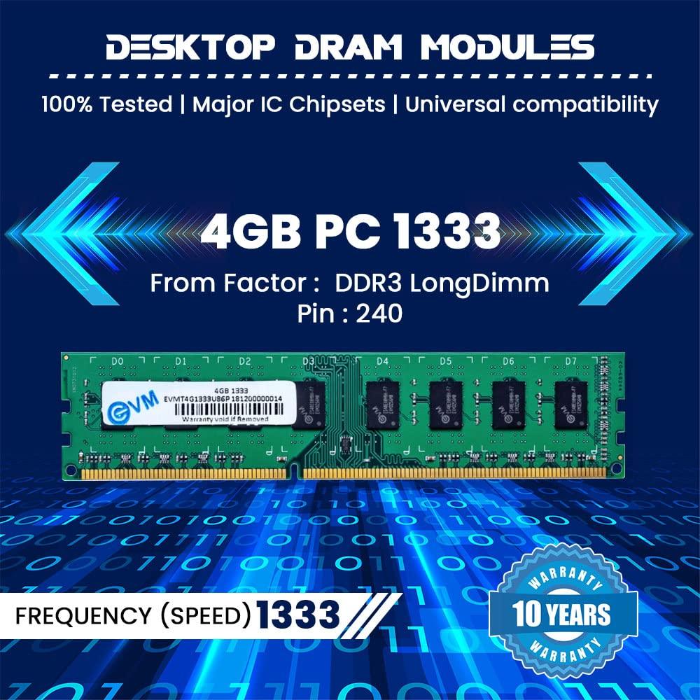 EVM 4GB DDR3 Desktop RAM 1333MHz Long-DIMM Memory - Boost Computer Speed and Performance with Low Latency and Durable Design - 10-Year Warranty (EVMT4G1333U86P)