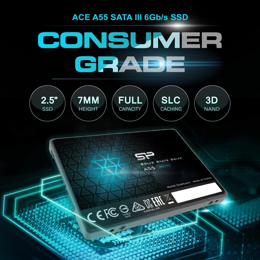 Silicon Power Ace A55 256GB SATA SSD, Up to 500MB/s, 3D NAND with SLC Cache, 2.5 Inch SATA III 6Gb/s Internal Solid State Drive for Desktop Laptop PC Computer