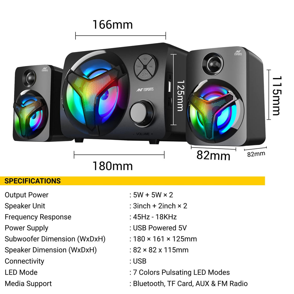 Ant Esports GS350 Pro 2.1 Stereo Gaming Speakers 15W,USB Powered Bluetooth Desktop Speaker Plus 3.5 mm Aux-in, in-line VolumeControl,RGB LED Lights Multimedia Speakers for PC, Laptop,Tablet,Cellphone