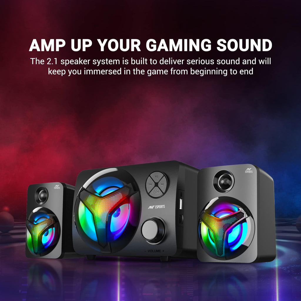 Ant Esports GS350 Pro 2.1 Stereo Gaming Speakers 15W,USB Powered Bluetooth Desktop Speaker Plus 3.5 mm Aux-in, in-line VolumeControl,RGB LED Lights Multimedia Speakers for PC, Laptop,Tablet,Cellphone