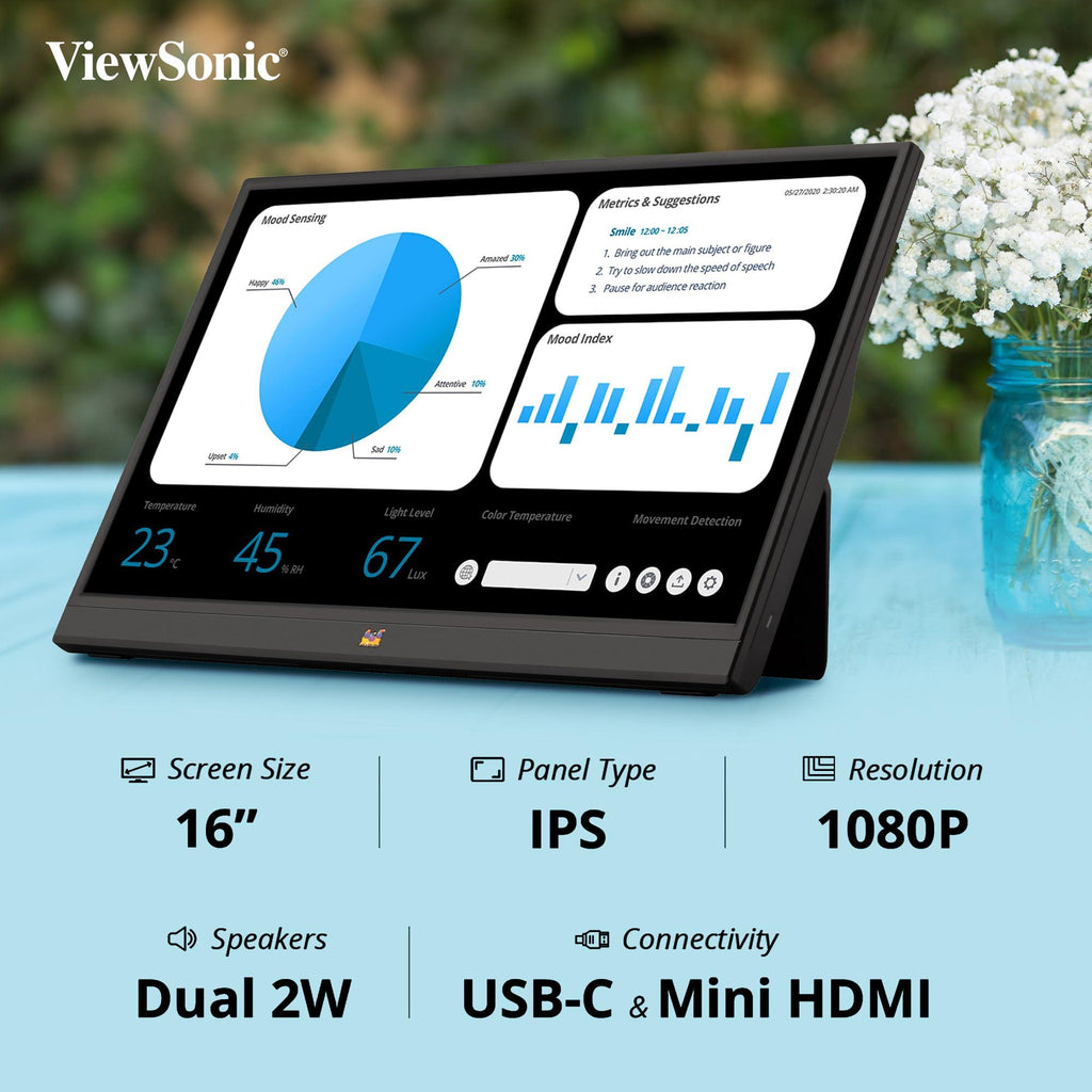 ViewSonic 16 Inch Full HD Portable Monitor 1920x1080 IPS Panel, 60Hz, USB Type-C One Cable Solution 60W Charge Back, Speaker, Eye Care, Foldable Stand, Sleeve Case 2 x USB-C 3.2, 1 x Mini HDMI -VA1655