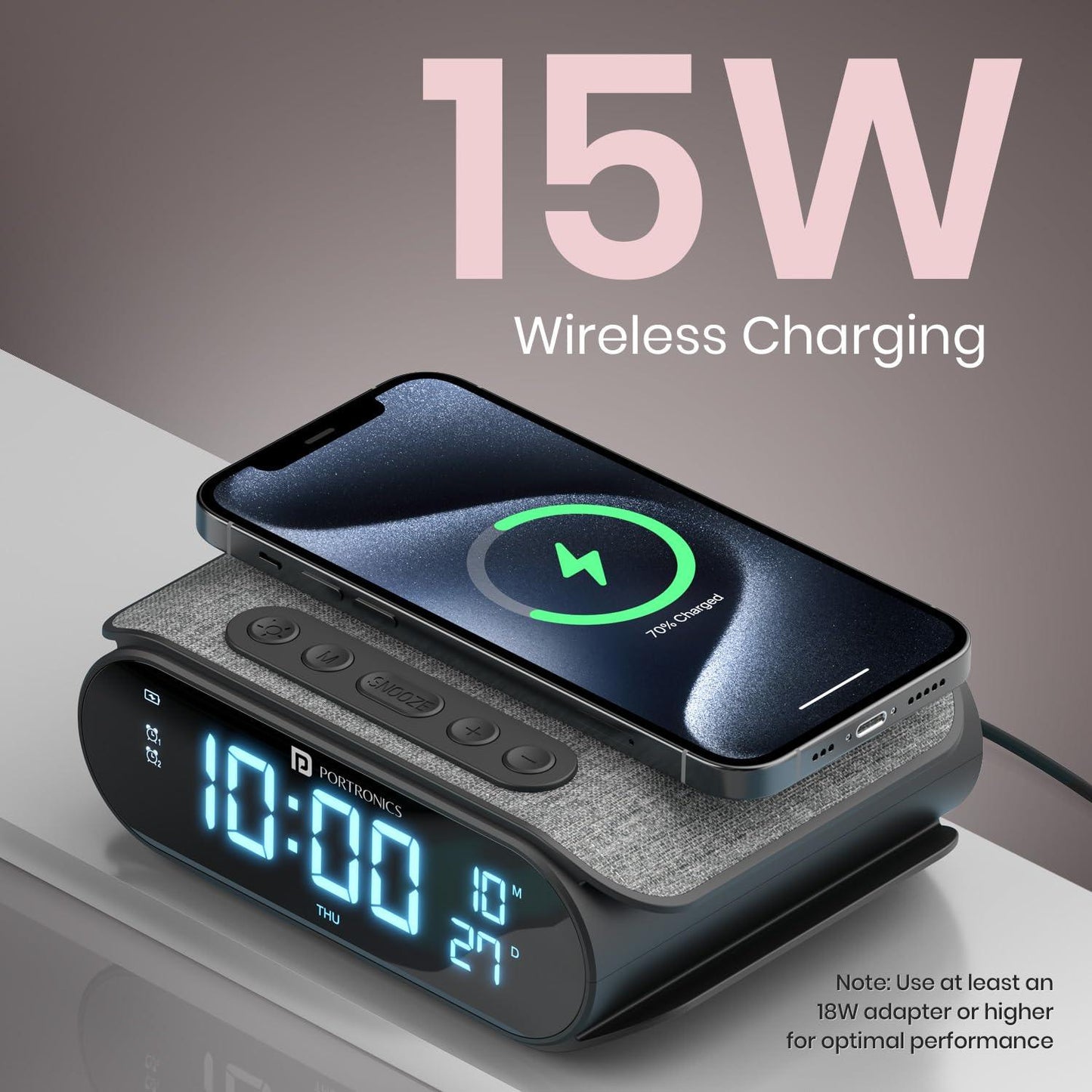 Portronics VoltClock 15W Wireless Charger for All Compatible Wireless Charging Smartphones, Digital Clock, 2 Alarm Setting with Snooze Button, Room Temperature Display,Wireless Fast Charging(Black)