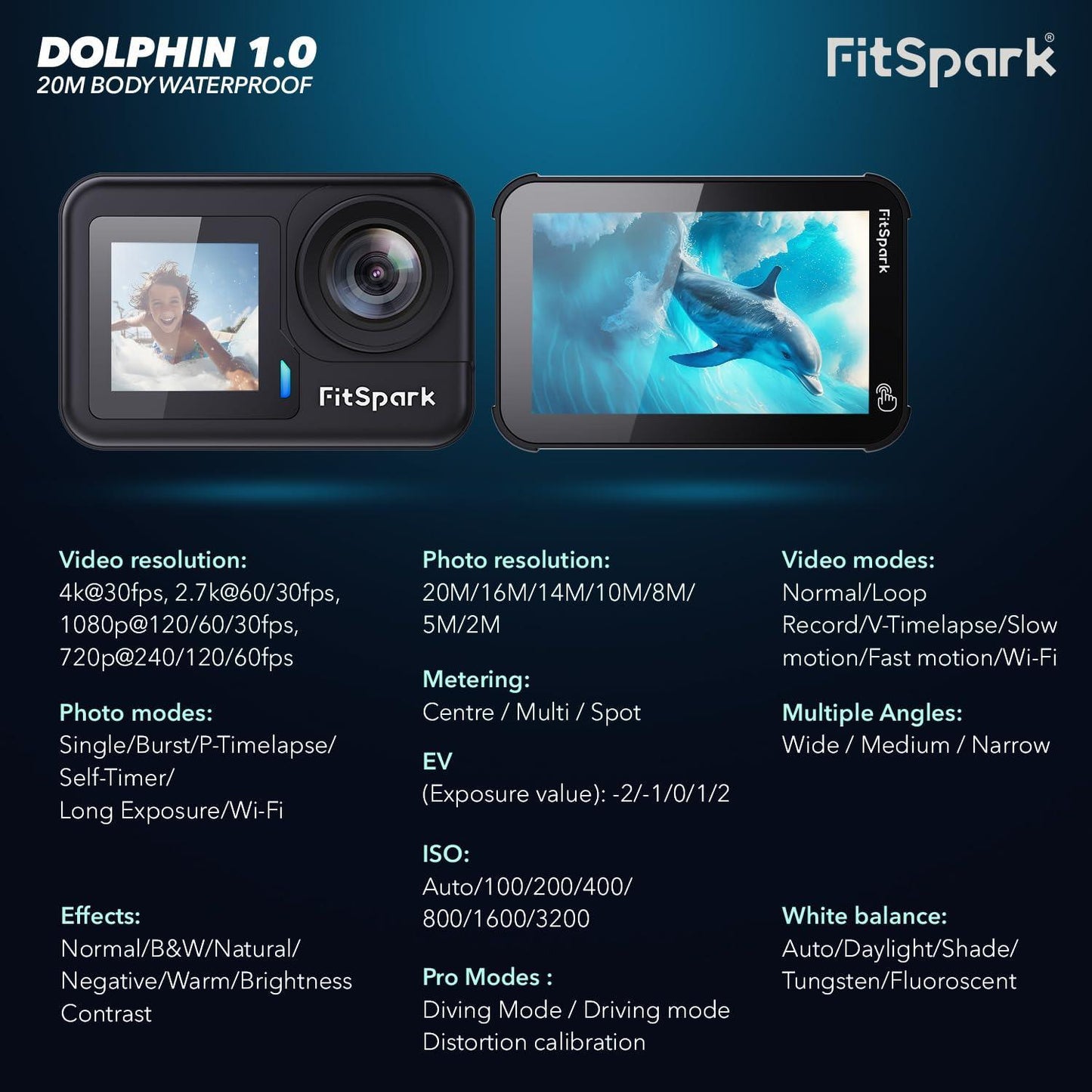 FitSpark Dolphin 1.0 20M Body Waterproof Real 4K30FPS Dual Big 2.2" Touchscreen EIS Action Camera Sony Sensor No.1 Chipset Wireless MIC Support *Free Dock+Battery Offer* WiFi Smart Remote +Full KIT