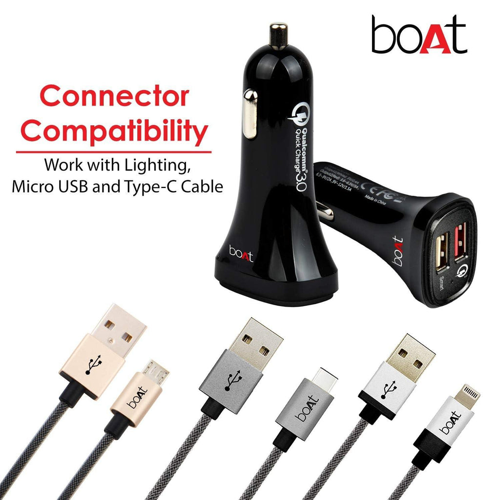 boAt Dual Port Rapid 5V Car Charger (Qualcomm Certified) Smart Charging with Quick Charge 3.0 for Cellular Phones (Black) (Free Micro USB Cable)