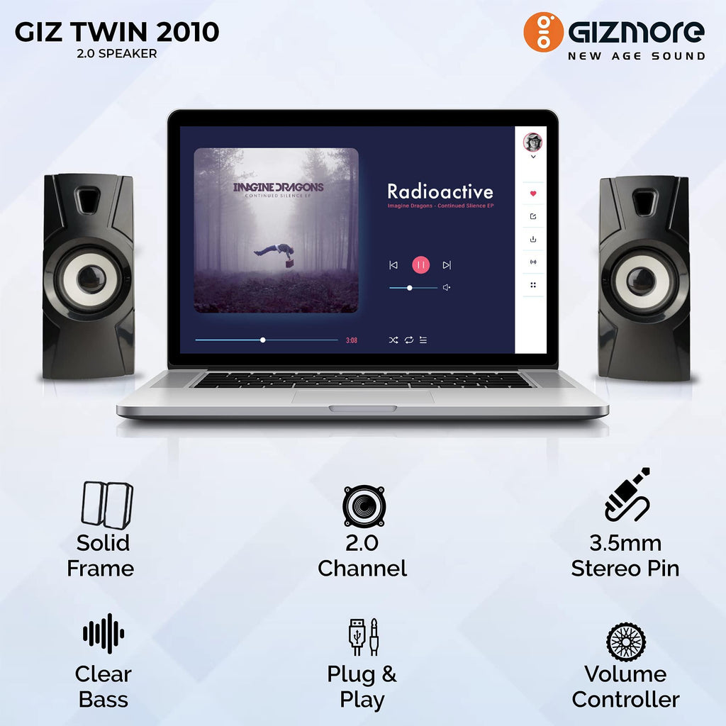 GIZMORE 10 Watt USB 2010 Dual PC Speaker for Home 2.0 Aux Conectivity | Laptop/TV/Computer Speakers | Multimedia Wired Speaker For PC (Black)