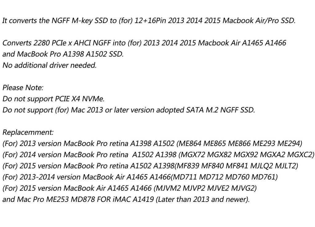 Sensico M.2 NVME SSD Convert Adapter Card for MacBook Air Pro Retina (Year 2013-2017), NVME/AHCI SSD Upgraded Kit for A1465 A1466 A1398 A1502 (Black Long Adapter)