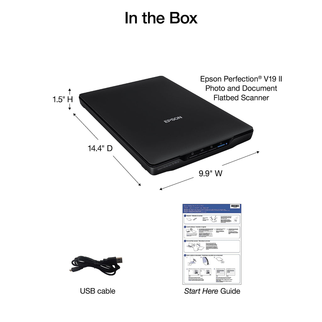 Epson Perfection V19 II Color Photo and Document Flatbed Scanner with 4800 dpi Optical Resolution, USB Power and High-Rise, Removable Lid