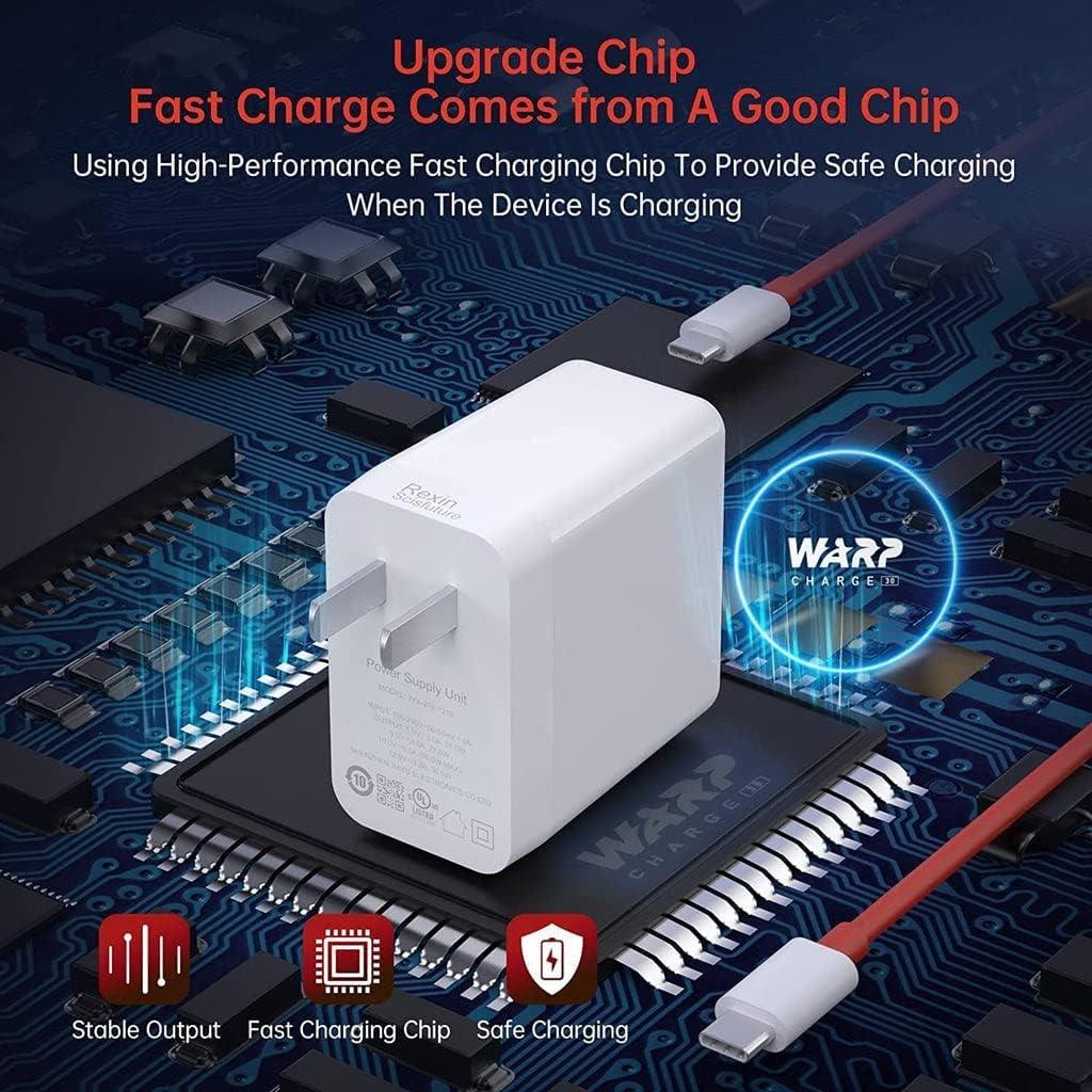 Oneplus 65W SuperVOOC Fastest WARP Charger Power Adapter with Type-C Cable VOOC Dash Warp Compatible with All Type-C Device and Oneplus Mobile 9/9Pro/9R/ 8 /10R/10/Nord (Adapter and Cable) (65W)