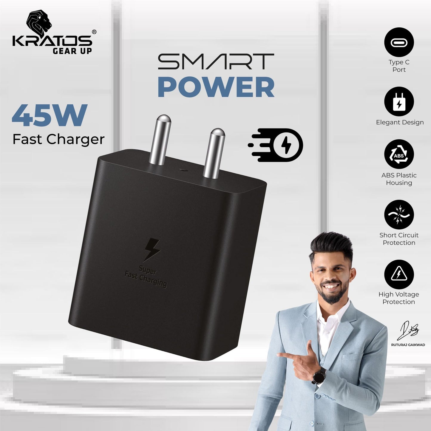 Kratos 45W Super Fast Charger Compatible with Samsung Galaxy S24/S23/S22/S21/S20 (Ultra/Plus/Fe), Note 20/20+/10(All Series), Z Fold/Flip/S/A/F/M Series | Type C PD 3.0 Charger Adapter