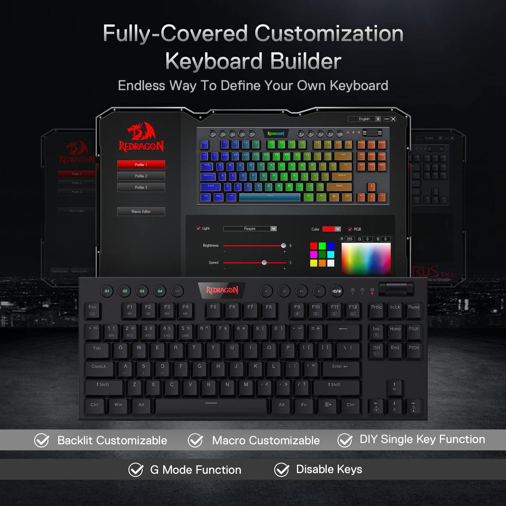 Redragon K621 Horus TKL RGB Mechanical Keyboard, 5.0 BT/2.4 Ghz/Wired Three Modes 80% Ultra-Thin Low Profile w/Dedicated Media Control & Linear Red Switches, Black