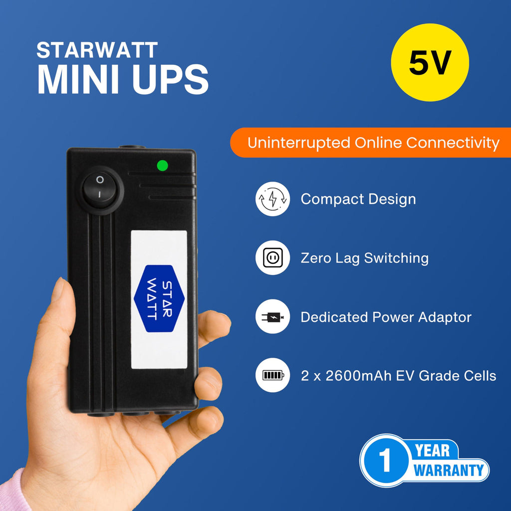 Starwatt 5V Mini UPS with Power Adaptor for 5V WiFi Routers, WiFi Cameras, Biometric & USB Powered Devices| Uninterrupted Power Backup for 3-10 Hours | Supports All 5V Upto 2A | Replaceable Battery