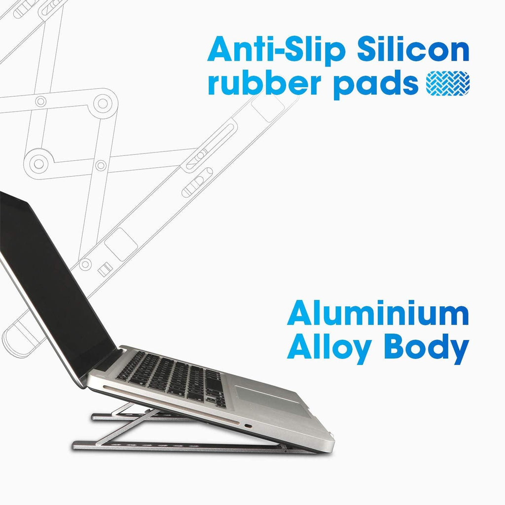 ZEBRONICS Aluminium Alloy Laptop Stand, Compatible with 9-15.6 inch Laptops, 7 Angles Adjustable Tabletop, Anti Slip Silicon Rubber Pads, Foldable, Velvet Pouch Inside, Zeb-NS2000 (Silver)