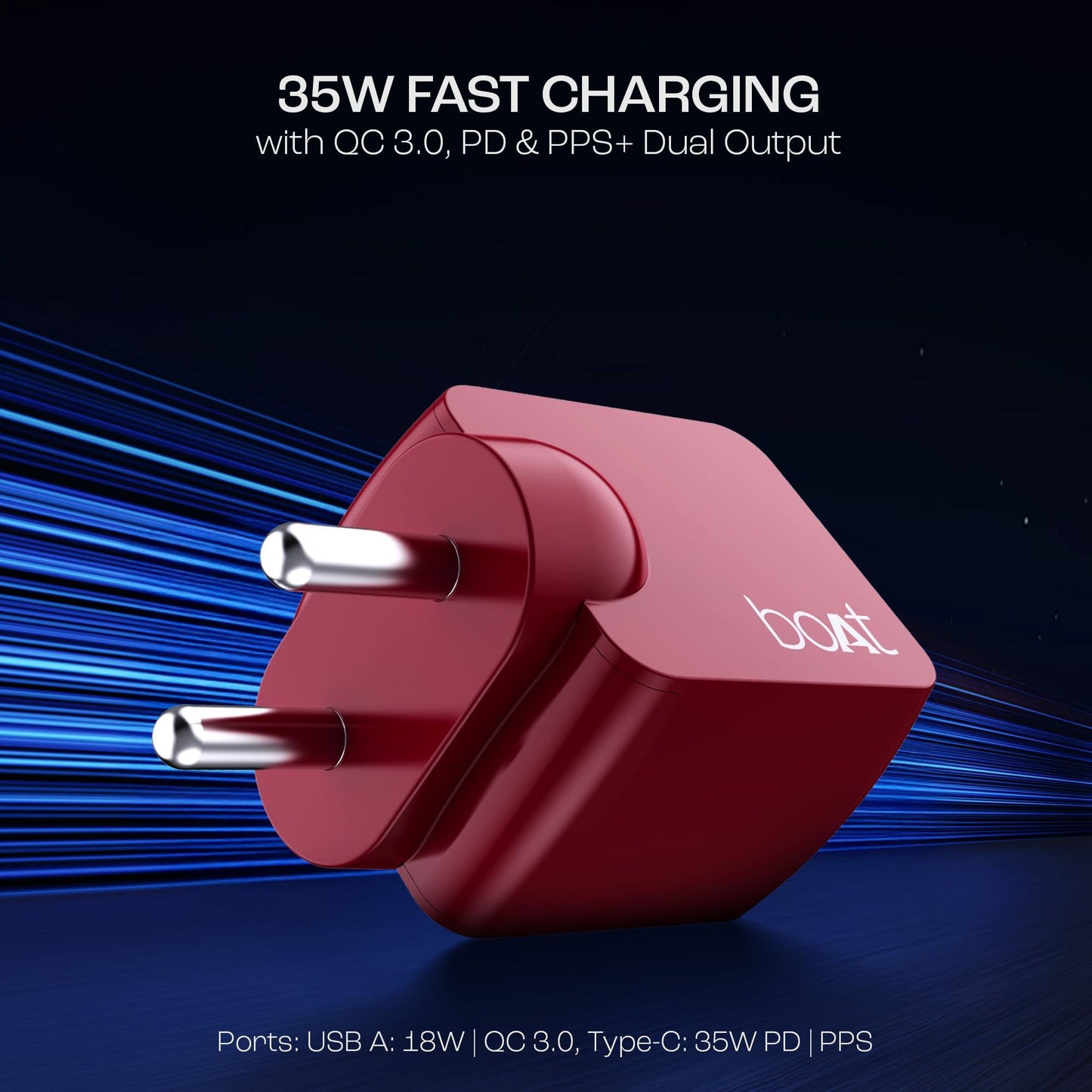 boAt 35W GaN Wall Charger w/GaN Chip Tech, Fast Charging w/PD,PPS & QC 3.0, Compatible w/iPhone 16/15/14/13, Samsung S23/S24, Vivo, Oppo, Oneplus & Smart IC Protection(Monarch Red)