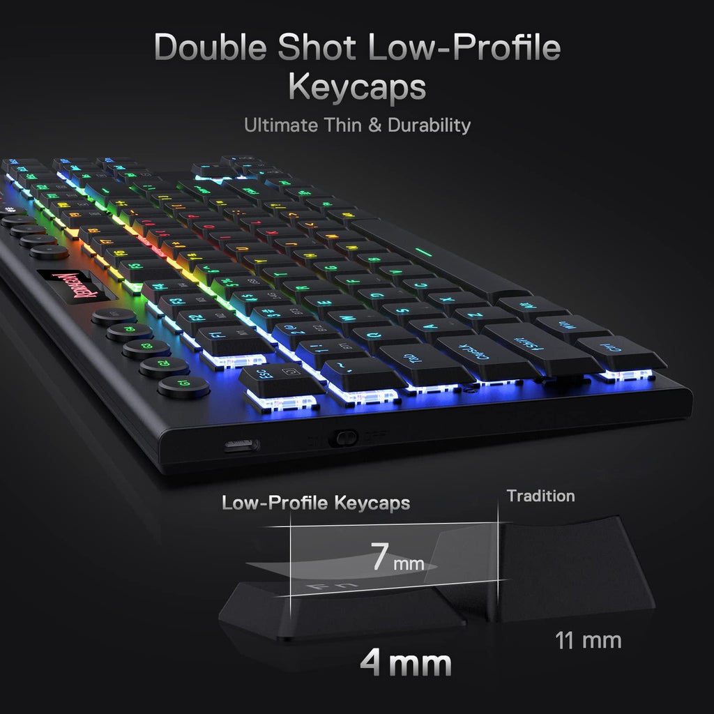 Redragon K621 Horus TKL RGB Mechanical Keyboard, 5.0 BT/2.4 Ghz/Wired Three Modes 80% Ultra-Thin Low Profile w/Dedicated Media Control & Linear Red Switches, Black