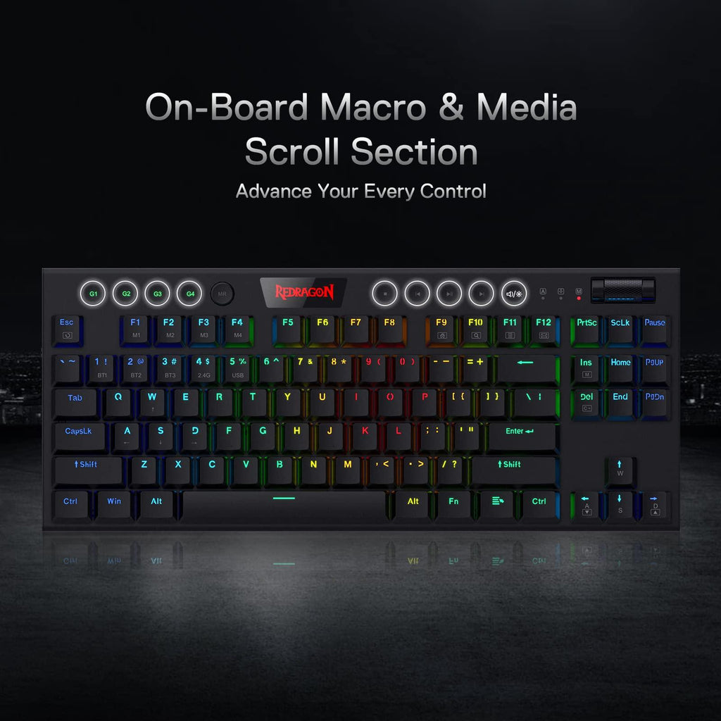 Redragon K621 Horus TKL RGB Mechanical Keyboard, 5.0 BT/2.4 Ghz/Wired Three Modes 80% Ultra-Thin Low Profile w/Dedicated Media Control & Linear Red Switches, Black