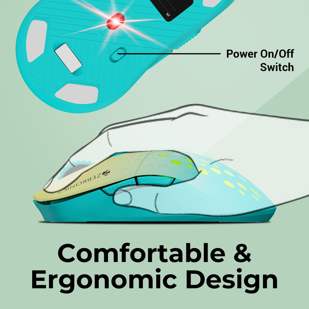 ZEBRONICS MARINE Wireless Mouse with Rechargeable Battery, BT + 2.4GHz, 6 Buttons, 4 DPI, 1000/1600/2400/3200, Comfortable & Ergonomic Design, Multicolor LED lights (Green)