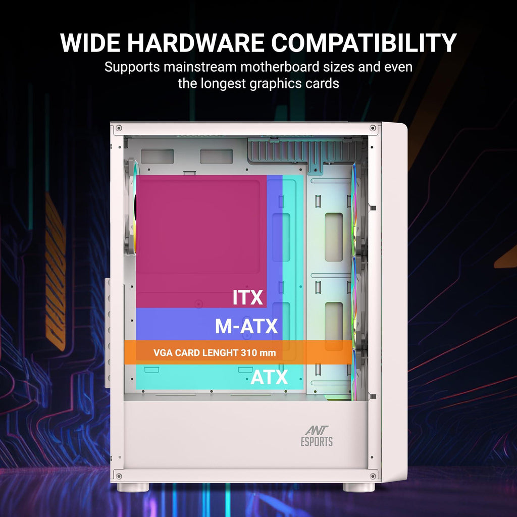 Ant Esports 211 Air Mid-Tower Computer Case I Gaming Cabinet - White | Support ATX, M-ATX, ITX | Pre-Installed 3 x 120mm ARGB Front Fan & 1 x 120mm ARGB Rear Fan