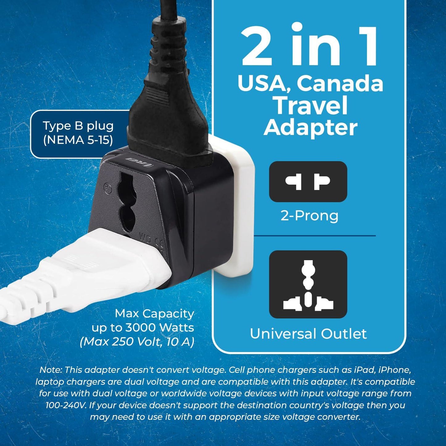 OREI India to Canada, USA Travel Adapter, Philippines, Type B Plug, 2 in 1, Perfect for Laptop, Chargers, CE, RoHS, Black