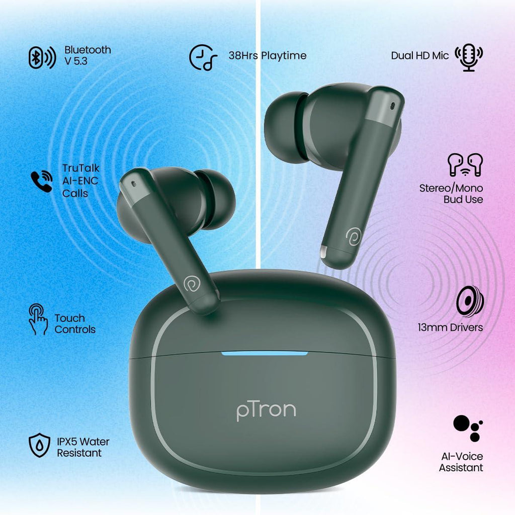 pTron Newly Launched Bassbuds Duo Pro TWS Earbuds, TruTalk AI-ENC Calls, 38H Playback Time, Deep Bass, Movie/Music Modes, In-Ear Bluetooth 5.3 Headphones with HD Mic,Fast Type-C Charging & IPX5(Green) - Triveni World