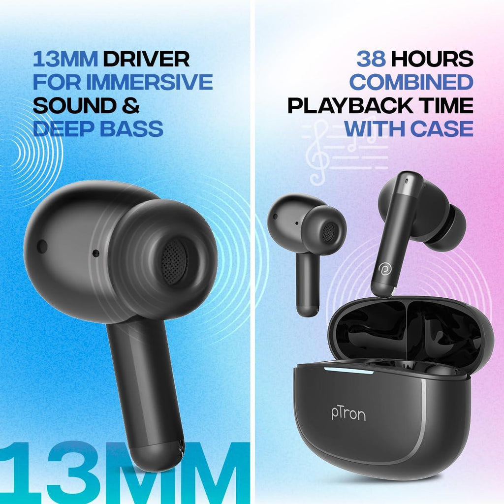 pTron Newly Launched Bassbuds Duo Pro TWS Earbuds, TruTalk AI-ENC Calls, 38H Playtime, Deep Bass, 50ms Movie/Music Modes, In-Ear Bluetooth 5.3 Headphones with HD Mic,Fast Type-C Charging & IPX5(Black) - Triveni World