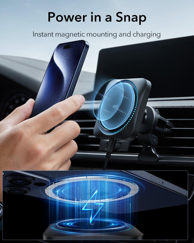 ESR Wireless Car Charger with CryoBoost, Compatible with MagSafe Car Charger, HaloLock Car Mount Charger for iPhone 15/14/13/12 Series & Magnetic Cases, Fast Charging,Phone Cooling/Frosted Onyx, Black