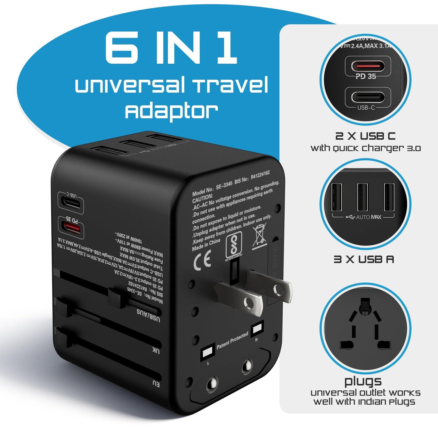 SeCro Universal Travel Adapter, Fast Charging (35.5W) Upgraded All-in-One International Travel Adapter with Pd & QC 3.0 Dual USB-C Power - 3 USB Ports, Worldwide Wall Charger for USA EU UK AUS