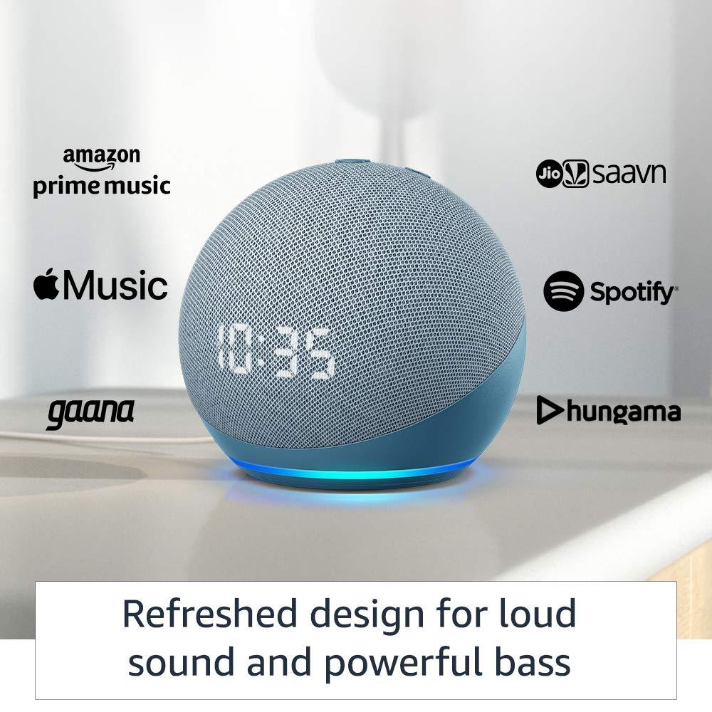 Amazon Echo Dot (4th Gen, Blue) with clock Combo with Wipro 12W LED Smart Color Bulb