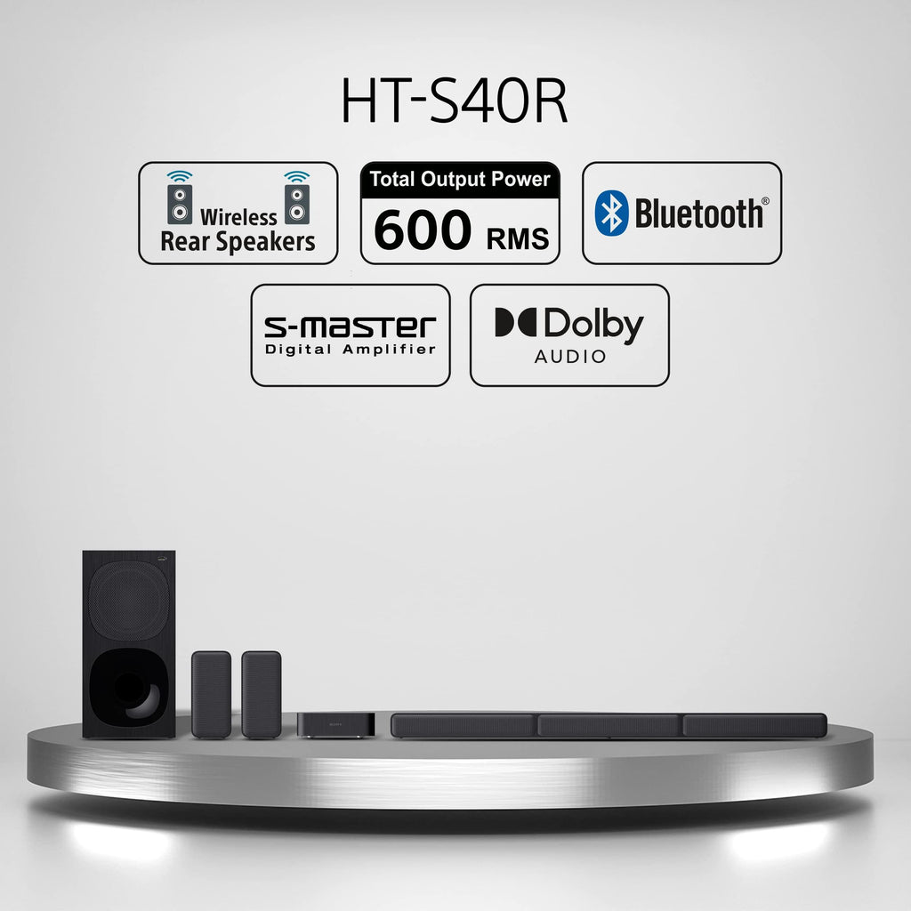 Sony HT-S40R Real 5.1ch Dolby Audio Soundbar for TV with Subwoofer & Wireless Rear Speakers, 5.1ch Home Theatre System (600W, Bluetooth & USB Connectivity, HDMI & Optical Connectivity, Sound Mode)