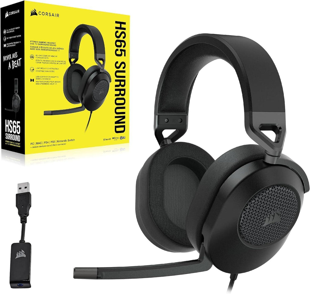 Corsair HS65 Surround Wired Gaming On Ear Headset (Leatherette Memory Foam Ear Pads, Dolby Audio 7.1 Surround Sound on PC and Mac, SonarWorks SoundID Technology, Multi-Platform Compatibility) Carbon