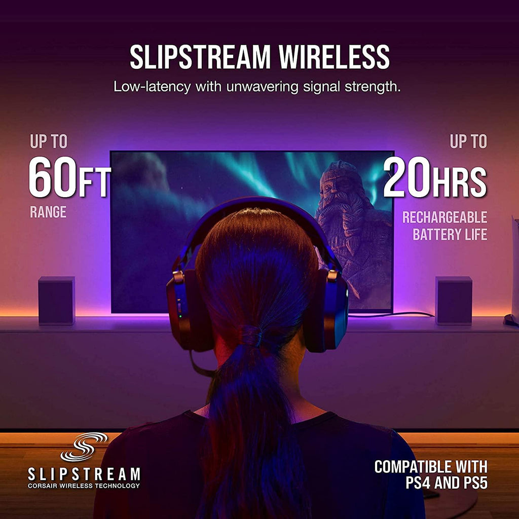 Corsair HS80 RGB Wireless Premium Gaming On Ear Headset with Dolby Atmos Audio (Low-Latency, Omni-Directional Microphone, 60ft Range, Up to 20 Hours Battery Life, PS5/PS4 Wireless Compatibility) Black