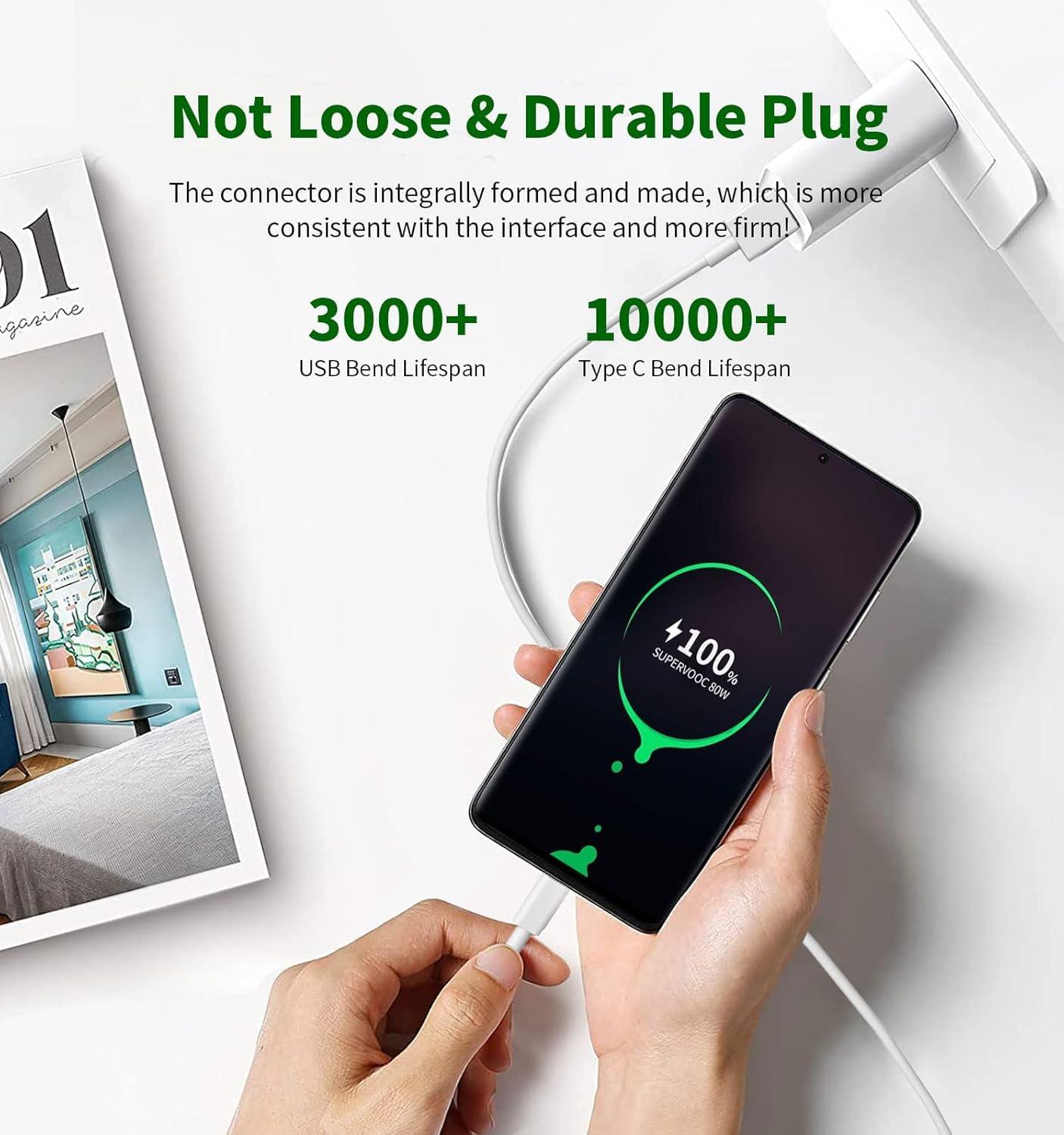 Novobit 65W Fast Charger with USB to Type C Cable Compatible with Oppo, Realme, Redmi, Nothing, oneplus, Pixel, Samsung & Other Smartphones | Type-C Charger Supports Dash,Warp, Vooc, SuperVooc (White)