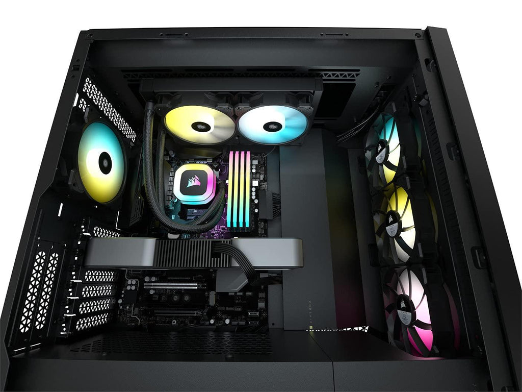 Corsair H100 RGB 240mm CPU Cooler, 2X 120mm CORSAIR SP RGB ELITE PWM fans, 29 Total individually addressable RGB LEDs, fan speeds running up to 1,500 RPM, 240mm radiator