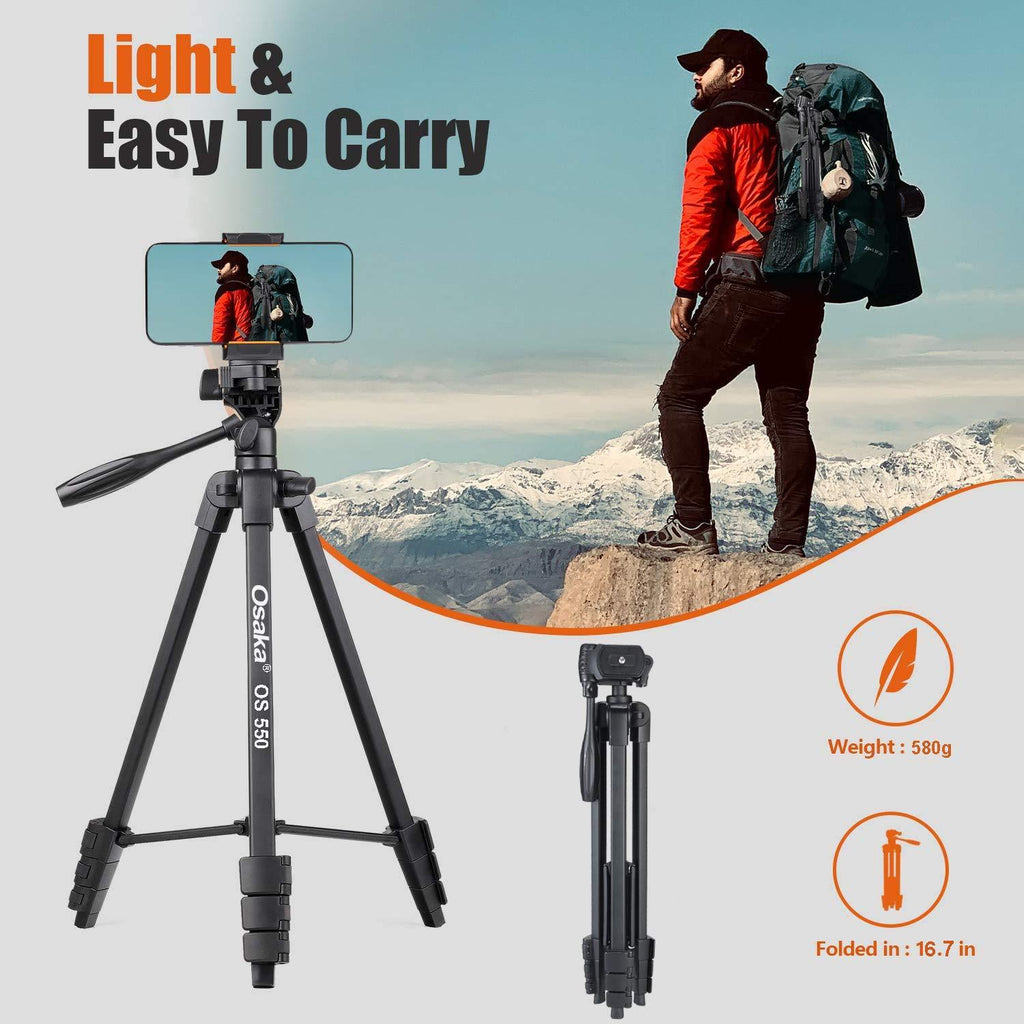 Osaka OS 550 Tripod 55 Inches (140 cm) with Mobile Holder and Carry Case for Smartphone & DSLR Camera Portable Lightweight Aluminium Tripod