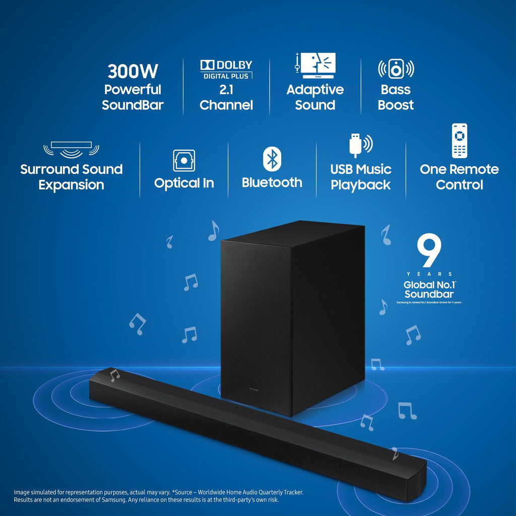 Samsung Soundbar (HW-C45E/XL) 2.1 Channel, 300W, Dolby Digital, 3 Speakers, Wireless Subwoofer, Bluetooth Enabled and DTS Virtual X Experience Sound (Black)