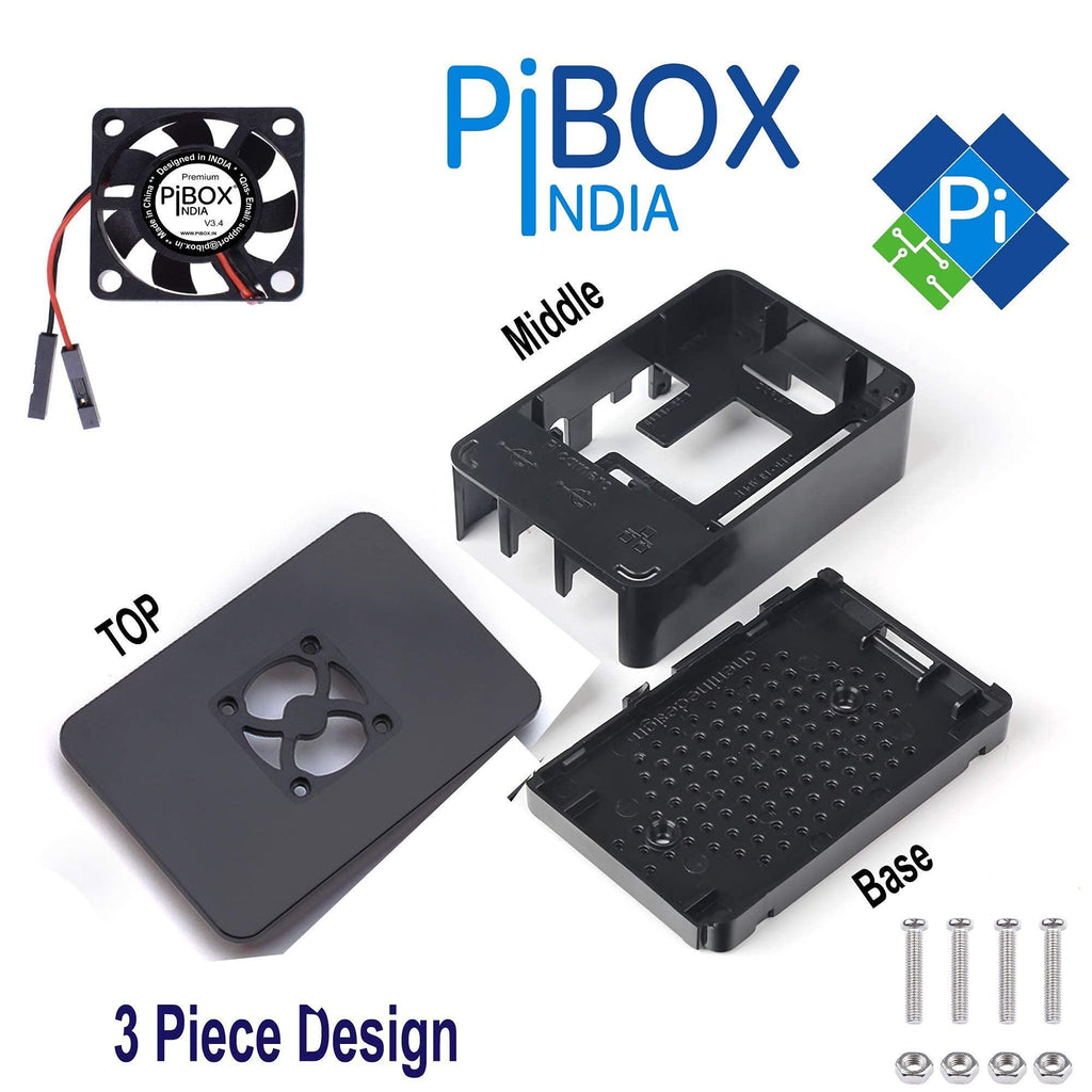 PiBOX India Raspberry Pi 4 Case with Fan Dual Speed 2GB, 4GB, 8GB Black, with air Vents, with High and Low Speed Option Fan Modular Design, Pi 4B, Pi 4,Camera and Ports ABS (Black)