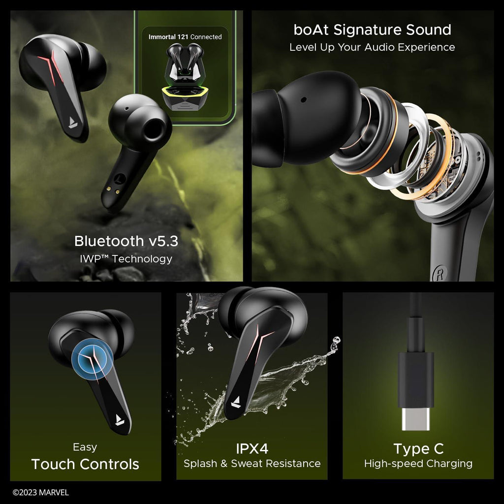 boAt Immortal 121 Hulk Edition in Ear TWS Gaming Earbuds with Beast Mode(40ms Low Latency), 40H Playtime, Blazing LEDs, Quad Mics ENx Signature Sound, ASAP Charge(10 Mins= 180 Mins)(Green Fury) - Triveni World