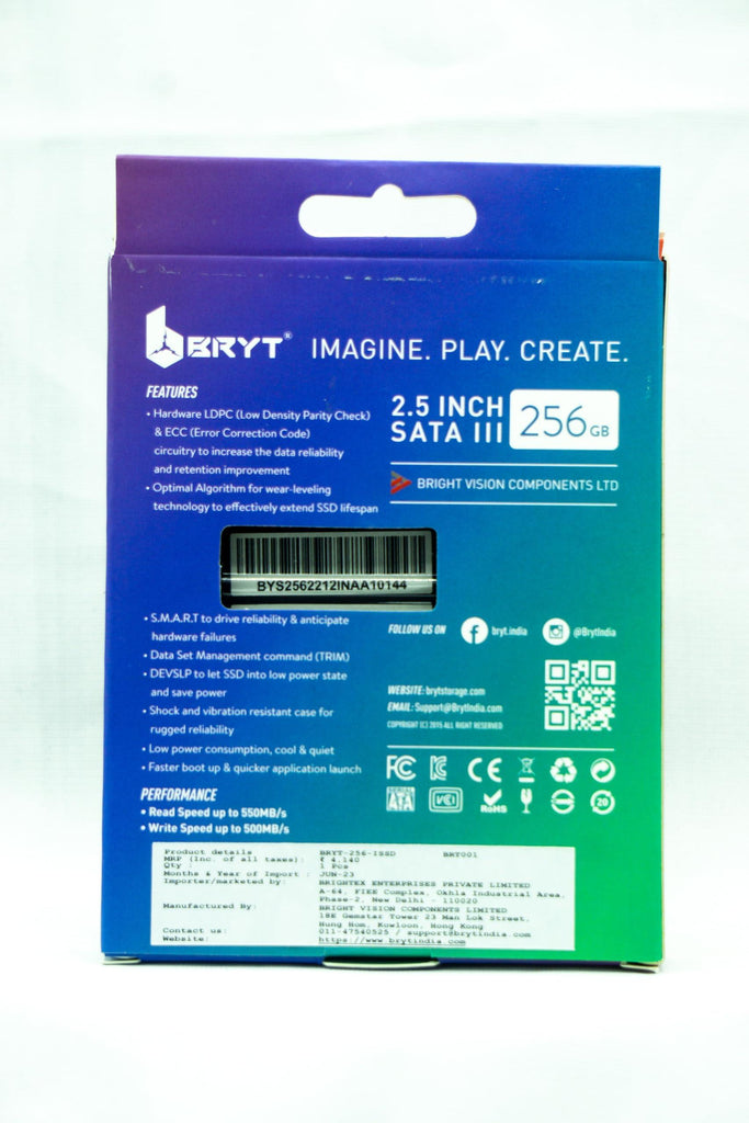 BRYT-256-SSD,Black,500 MBs Write,500 MBs Read, Light Weight, Portable 10X Faster Than Hard Disk, 256GB