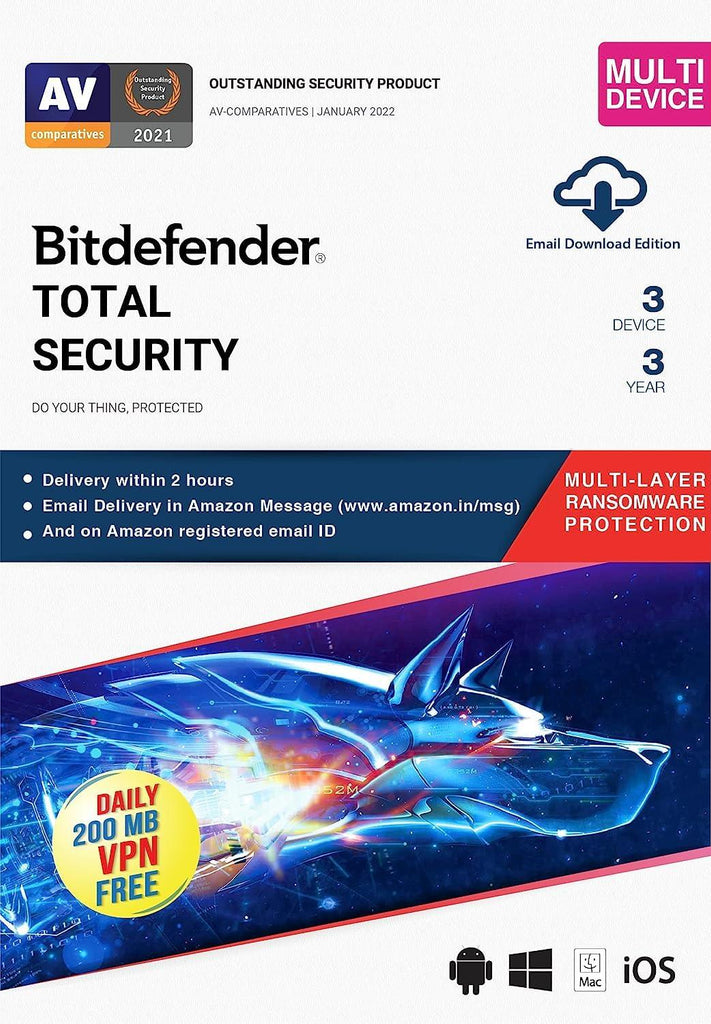 BitDefender Total Security Latest Version (Windows / Mac / Android / iOS) - 3 Devices, 3 Years (Email Delivery in 2 hours - No CD)