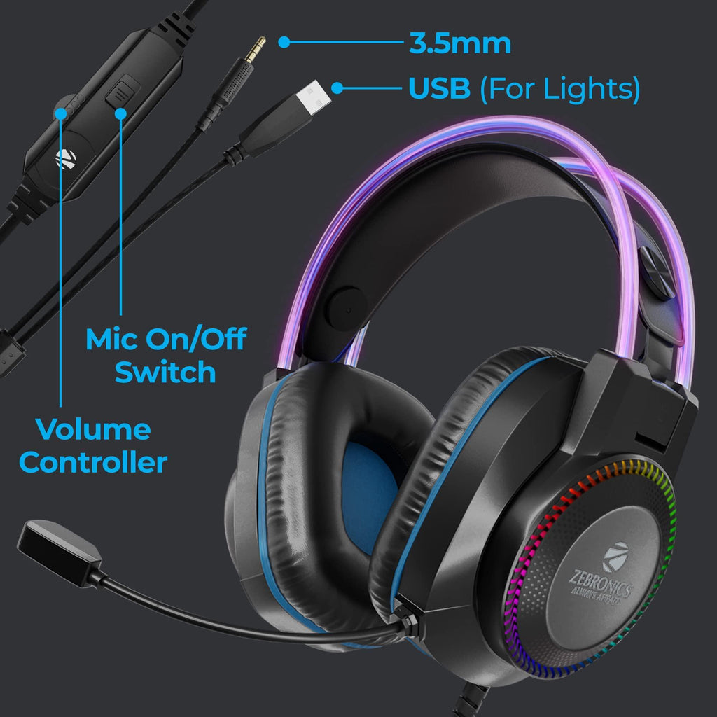 Zebronics Jet PRO Premium Wired Gaming On Ear Headphone with LED for Headband + earcups, 40mm Neodymium Drivers, 2 Meter Braided Cable, with mic, Suspension Design, 3.5mm + USB Connector (Black, Blue) - Triveni World